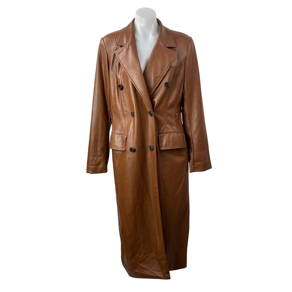 Avec Les Filles Women's Brown Faux Leather Double Breasted Trench Coat Jacket M